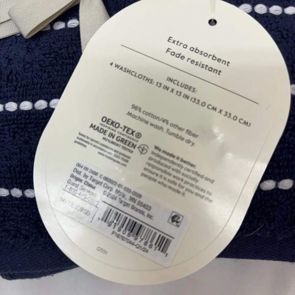 4pc Performance Plus Washcloths Navy Striped Threshold Cotton Polyester Blend
